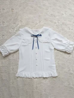 Sweet Lolita Blouses Lolita Top Ecru White Half Sleeves Bows Pleated Lolita Shirt