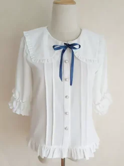 Sweet Lolita Blouses Lolita Top Ecru White Half Sleeves Bows Pleated Lolita Shirt