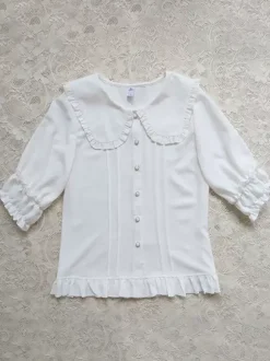 Sweet Lolita Blouses Lolita Top Ecru White Half Sleeves Bows Pleated Lolita Shirt