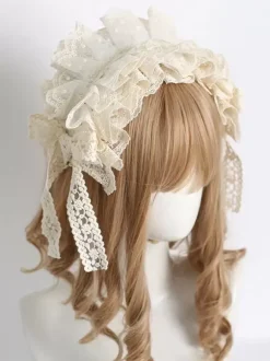 Sweet Lolita Accessories Ecru White Ruffles Bows Lace Polyester Headwear Miscellaneous