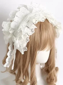 Sweet Lolita Accessories Ecru White Ruffles Bows Lace Polyester Headwear Miscellaneous