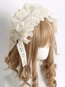 Sweet Lolita Accessories Ecru White Ruffles Bows Lace Polyester Headwear Miscellaneous