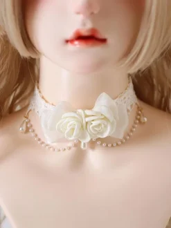 Sweet Lolita Accessories Ecru White Pearls Rose Choker Miscellaneous