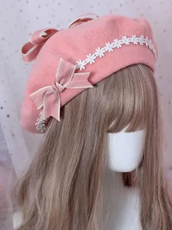 Sweet Lolita Beret Daisy Floral Bow Wool Lolita Hat