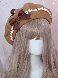 Sweet Lolita Beret Daisy Floral Bow Wool Lolita Hat