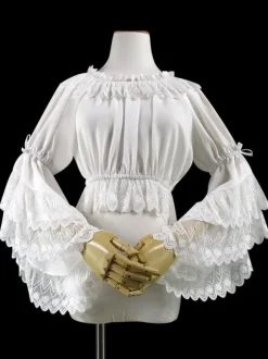 Sweet Lolita Blouse Lace Ruffle Bow Hime Sleeve Chiffon Black Lolita Crop Top