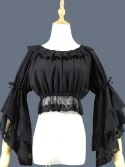 Sweet Lolita Blouse Lace Ruffle Bow Hime Sleeve Chiffon Black Lolita Crop Top