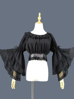 Sweet Lolita Blouse Lace Ruffle Bow Hime Sleeve Chiffon Black Lolita Crop Top