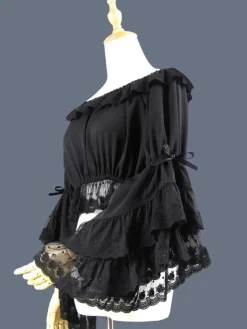 Sweet Lolita Blouse Lace Ruffle Bow Hime Sleeve Chiffon Black Lolita Crop Top