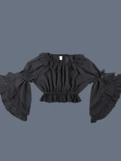 Sweet Lolita Blouse Lace Ruffle Bow Hime Sleeve Chiffon Black Lolita Crop Top