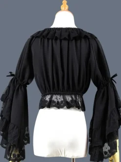 Sweet Lolita Blouse Lace Ruffle Bow Hime Sleeve Chiffon Black Lolita Crop Top