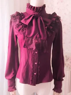 Sweet Lolita Blouse Lace Ruffle High Collar Bows Vintage Lolita Shirt