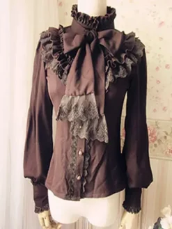 Sweet Lolita Blouse Lace Ruffle High Collar Bows Vintage Lolita Shirt