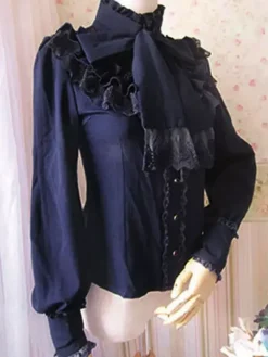 Sweet Lolita Blouse Lace Ruffle High Collar Bows Vintage Lolita Shirt