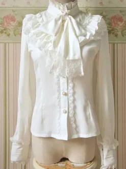 Sweet Lolita Blouse Lace Ruffle High Collar Bows Vintage Lolita Shirt