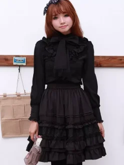 Sweet Lolita Blouse Lace Ruffle High Collar Bows Vintage Lolita Shirt