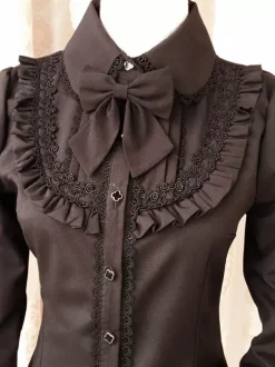 Sweet Lolita Blouse Red Long Sleeve Turndown Collar Bow Ruffled Winter Lolita Shirt