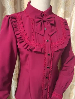 Sweet Lolita Blouse Red Long Sleeve Turndown Collar Bow Ruffled Winter Lolita Shirt