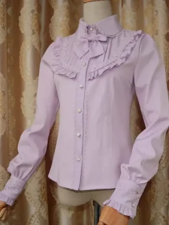 Sweet Lolita Blouse Red Long Sleeve Turndown Collar Bow Ruffled Winter Lolita Shirt