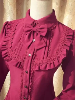 Sweet Lolita Blouse Red Long Sleeve Turndown Collar Bow Ruffled Winter Lolita Shirt