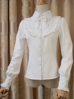 Sweet Lolita Blouse Red Long Sleeve Turndown Collar Bow Ruffled Winter Lolita Shirt