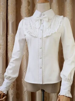 Sweet Lolita Blouse Red Long Sleeve Turndown Collar Bow Ruffled Winter Lolita Shirt