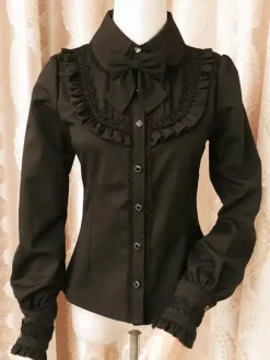 Sweet Lolita Blouse Red Long Sleeve Turndown Collar Bow Ruffled Winter Lolita Shirt