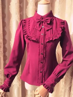 Sweet Lolita Blouse Red Long Sleeve Turndown Collar Bow Ruffled Winter Lolita Shirt