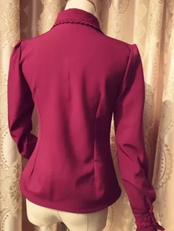 Sweet Lolita Blouse Red Long Sleeve Turndown Collar Bow Ruffled Winter Lolita Shirt