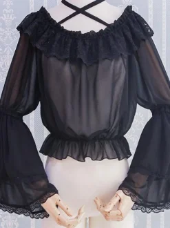 Sweet Lolita Blouses Black Long Sleeves Lolita Top Ruffles Lace Lolita Shirt