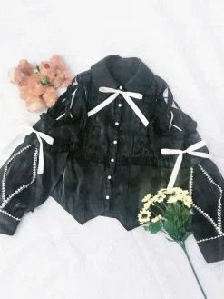 Sweet Lolita Blouses Polyester Lace Up Long Sleeves Casual Top Light Apricot Lolita Shirt