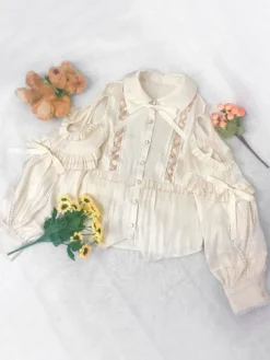 Sweet Lolita Blouses Polyester Lace Up Long Sleeves Casual Top Light Apricot Lolita Shirt