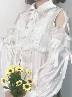 Sweet Lolita Blouses Polyester Lace Up Long Sleeves Casual Top Light Apricot Lolita Shirt