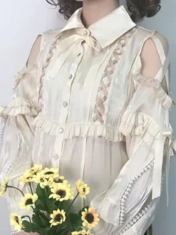 Sweet Lolita Blouses Polyester Lace Up Long Sleeves Casual Top Light Apricot Lolita Shirt