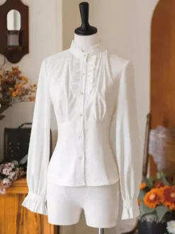 Sweet Lolita Blouses Ruffles Long Sleeves Blouse Lolita Top Ecru White Lolita Shirt