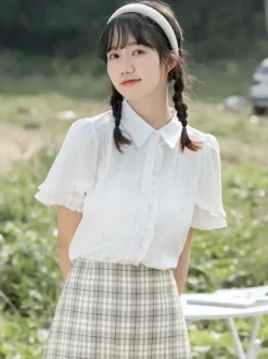 Sweet Lolita Blouses White Short Sleeves Lace Lolita Top Lolita Shirt