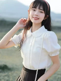 Sweet Lolita Blouses White Short Sleeves Ruffles Lolita Top Lolita Shirt