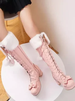 Sweet Lolita Boots Bow Pom Poms Faux Fur Lace Up Lolita Footwear