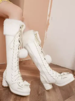 Sweet Lolita Boots Bow Pom Poms Faux Fur Lace Up Lolita Footwear