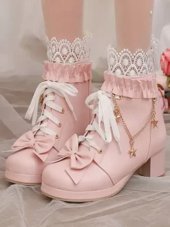 Sweet Lolita Boots PU Leather Bows Round Toe Pink Lolita Footwear
