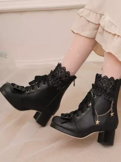 Sweet Lolita Boots PU Leather Bows Round Toe Pink Lolita Footwear