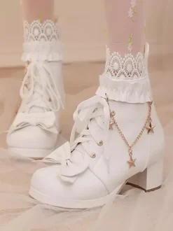 Sweet Lolita Boots PU Leather Bows Round Toe Pink Lolita Footwear