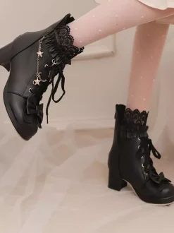 Sweet Lolita Boots PU Leather Bows Round Toe Pink Lolita Footwear