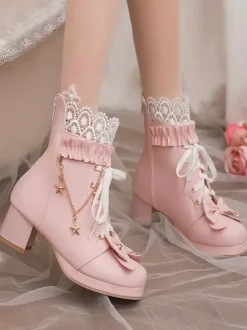 Sweet Lolita Boots PU Leather Bows Round Toe Pink Lolita Footwear