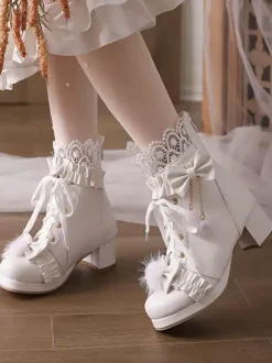 Sweet Lolita Boots PU Leather Bows Round Toe White Lolita Footwear