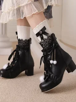 Sweet Lolita Boots PU Leather Bows Round Toe White Lolita Footwear