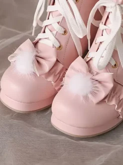 Sweet Lolita Boots PU Leather Bows Round Toe White Lolita Footwear