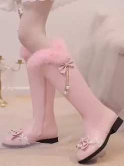 Sweet Lolita Boots PU Leather Bows Round Toe Pink Lolita Footwear