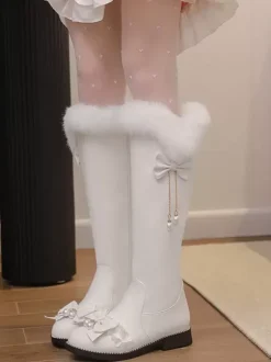Sweet Lolita Boots PU Leather Bows Round Toe Pink Lolita Footwear