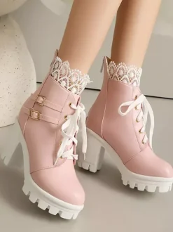 Sweet Lolita Boots PU Leather Bows Round Toe Pink Lolita Shoes